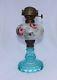 Rare C 1880 Antique Oil Lamp Hand Painted Roses On Milk Glass Ice Blue Eapg Base