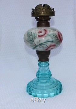 RARE c 1880 Antique OIL LAMP Hand Painted Roses on Milk Glass Ice Blue EAPG Base