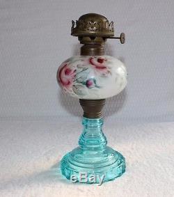 RARE c 1880 Antique OIL LAMP Hand Painted Roses on Milk Glass Ice Blue EAPG Base