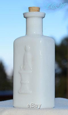 RARE labeled WHITE milk glass OWL DRUG Co bottle SMALL 4 inch 2 ounce ROSE WATER