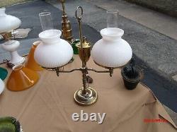 REDUCED Antique Brass Dual White Swirl Shades Student Lamp
