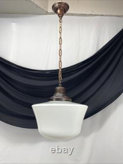 REWIRED Vtg Art Deco Copper Pendant Light White Milk Glass Schoolhouse Large 15