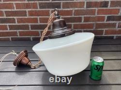 REWIRED Vtg Art Deco Copper Pendant Light White Milk Glass Schoolhouse Large 15