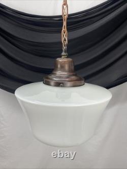 REWIRED Vtg Art Deco Copper Pendant Light White Milk Glass Schoolhouse Large 15