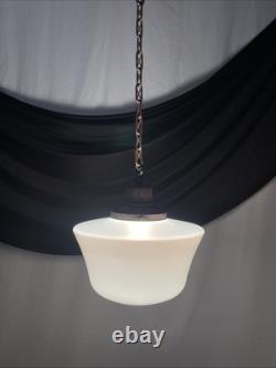 REWIRED Vtg Art Deco Copper Pendant Light White Milk Glass Schoolhouse Large 15