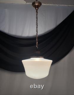 REWIRED Vtg Art Deco Copper Pendant Light White Milk Glass Schoolhouse Large 15