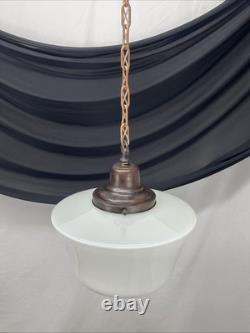 REWIRED Vtg Art Deco Copper Pendant Light White Milk Glass Schoolhouse Large 15