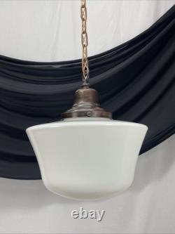 REWIRED Vtg Art Deco Copper Pendant Light White Milk Glass Schoolhouse Large 15