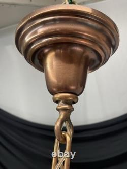 REWIRED Vtg Art Deco Copper Pendant Light White Milk Glass Schoolhouse Large 15