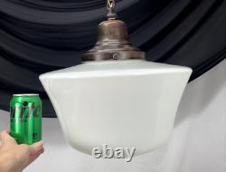 REWIRED Vtg Art Deco Copper Pendant Light White Milk Glass Schoolhouse Large 15
