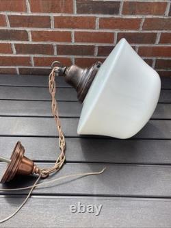 REWIRED Vtg Art Deco Copper Pendant Light White Milk Glass Schoolhouse Large 15