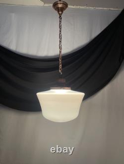 REWIRED Vtg Art Deco Copper Pendant Light White Milk Glass Schoolhouse Large 15