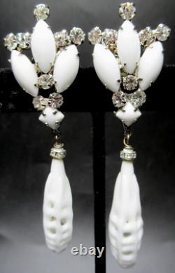 ROBERT SORRELL ORIGINALS Carved White Milk Glass Dangling Clip Earrings