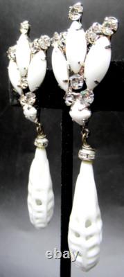 ROBERT SORRELL ORIGINALS Carved White Milk Glass Dangling Clip Earrings