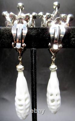 ROBERT SORRELL ORIGINALS Carved White Milk Glass Dangling Clip Earrings