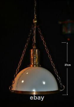 Rare 1930s Art Deco Opaline moonstone milk glass & bronze pendant light fixture