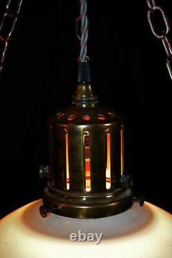 Rare 1930s Art Deco Opaline moonstone milk glass & bronze pendant light fixture