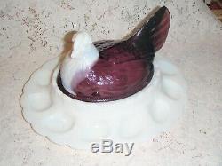 Rare 1950's Fenton Glass Amethyst Milk Glass Chicken Hen Server Dish Egg Plate