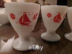 Rare 4 McKee White Milk Glass Red Ships Sailboats Anchor Wheel Nautical Cups
