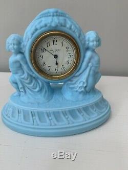 Rare Antique Figural Satin Blue Milk Glass Draped Cherubs New Haven Clock