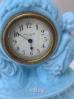 Rare Antique Figural Satin Blue Milk Glass Draped Cherubs New Haven Clock