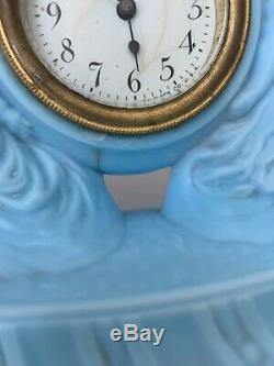 Rare Antique Figural Satin Blue Milk Glass Draped Cherubs New Haven Clock