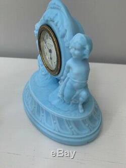 Rare Antique Figural Satin Blue Milk Glass Draped Cherubs New Haven Clock
