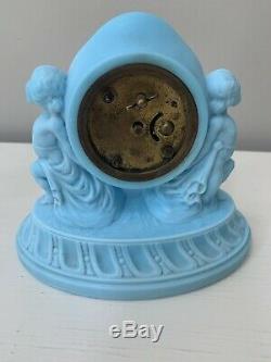 Rare Antique Figural Satin Blue Milk Glass Draped Cherubs New Haven Clock