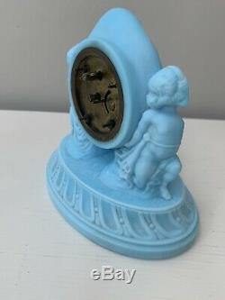 Rare Antique Figural Satin Blue Milk Glass Draped Cherubs New Haven Clock