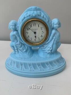 Rare Antique Figural Satin Blue Milk Glass Draped Cherubs New Haven Clock