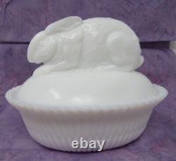 Rare Antique White Milk Glass Jack Rabbit Bunny Covered Dish Flaccus 1880-1890s