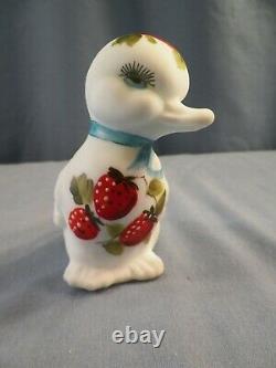 Rare Fenton Painted Satin Milk Glass Duck Figurine Strawberries Louise Piper