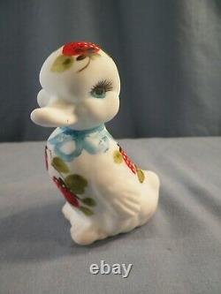 Rare Fenton Painted Satin Milk Glass Duck Figurine Strawberries Louise Piper