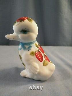 Rare Fenton Painted Satin Milk Glass Duck Figurine Strawberries Louise Piper