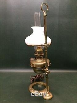 Rare Form Antique Brass Student Oil Lamp Milk Glass Shade Chimney Electrified