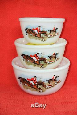 Rare HTF JAJ England Pyrex Vintage Tally Ho / Hunting Scene Bowl Set Complete