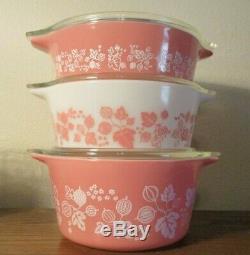 Rare HTF Pyrex Pink Gooseberry Casserole Set w Lids MINT