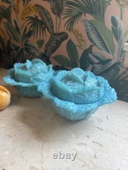 Rare Portieux France Blue Milk Glass Cabbage Bowls (2x)