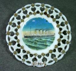 Rare RMS Olympic Souvenir Ribbon Plate Milk Glass Titanic White Star Line VTG