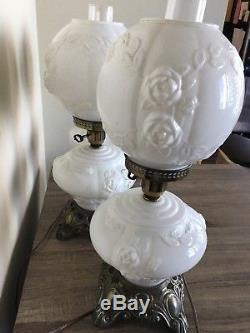 Rare SET OF 3 GONE WITH THE WIND MILK GLASS LAMP WHITE GLASS FLORAL PRINT 19