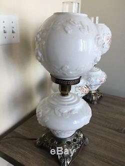 Rare SET OF 3 GONE WITH THE WIND MILK GLASS LAMP WHITE GLASS FLORAL PRINT 19