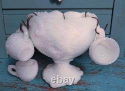 Rare VTG Rose Embossed Miniature Milk Glass Punch Bowl Set/6 Cups withHooks