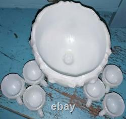 Rare VTG Rose Embossed Miniature Milk Glass Punch Bowl Set/6 Cups withHooks