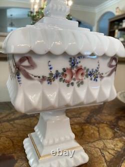 Rare Victorian Hand Painted Artisan Milk Glass Footed Bowl Covered Compote