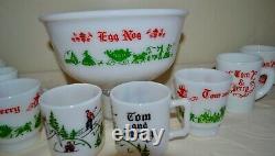 Rare Vintage 1950's Milk Glass Tom &jerry Festive Holiday Collection Bowl 8 Mugs