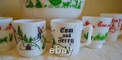 Rare Vintage 1950's Milk Glass Tom &jerry Festive Holiday Collection Bowl 8 Mugs