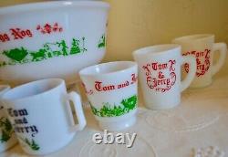 Rare Vintage 1950's Milk Glass Tom &jerry Festive Holiday Collection Bowl 8 Mugs