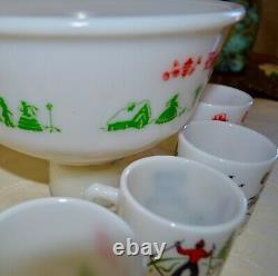 Rare Vintage 1950's Milk Glass Tom &jerry Festive Holiday Collection Bowl 8 Mugs