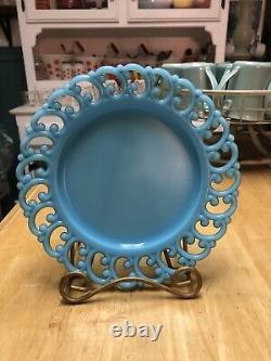 Rare Vintage Fenton Blue Milk Glass Scroll Lace Edge Reverse C Border Plate