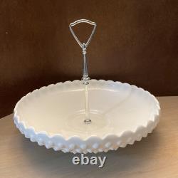 Rare Vintage Fenton Hobnail Milk Glass Large Serving Dish WithSilver Middle Handle